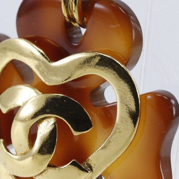 CHANEL COCO Mark Heart Earring Clover vintage Brown Plated Gold/plastic he... - Picture 5 of 15